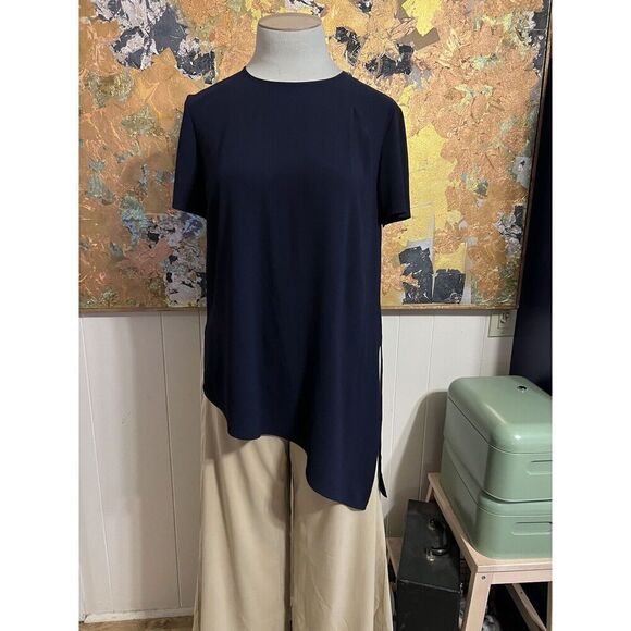 St. John Womens Small Dressy Top Navy Blue Asymmetrical Hem Short Sleeves Flowy - Picture 1 of 11